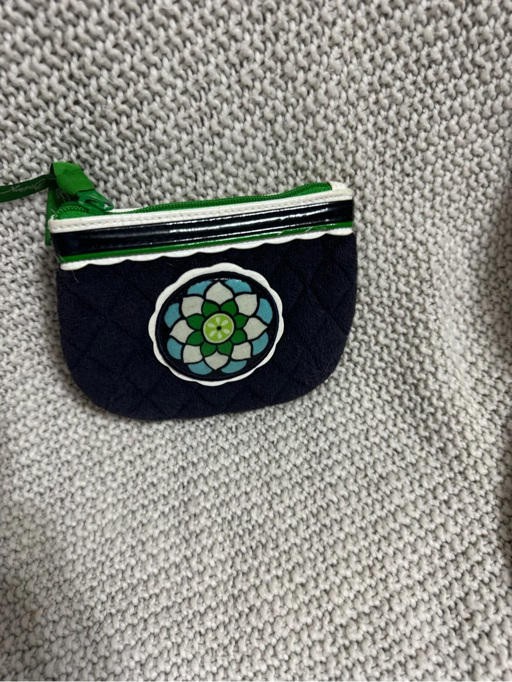 Quilted Navy Floral‎ Coin Pouch - Green Accent